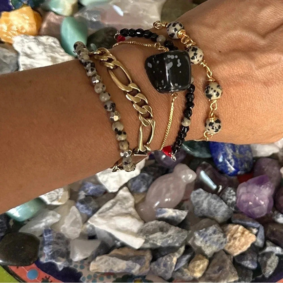 Dalmatian Jasper Rosary ling adjustable gold chain bracelet - Picture 3 of 7